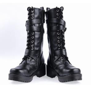 Black 2.2" High Heel Stylish Patent Leather Straps Buckles Classic Lady Lolita Boots