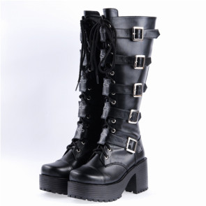 Black 2.2" High Heel Classic PU Straps Buckles Punk Rock Women's Lolita Boots