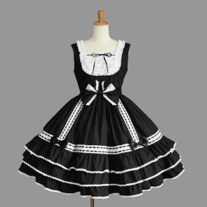 Black And White Cotton Sleeveless Bow Gothic Lolita Dress