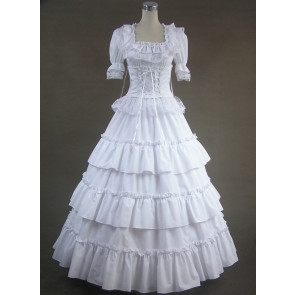 White Short Sleeves Floral Double-Layer Lace Trim Cotton Lolita Prom Dress