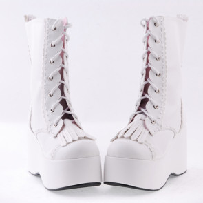 White 3.5" High Heel Cute Patent Leather Round Toe Mid-calf GirlsLolita Boots
