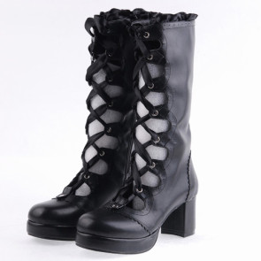 Black 2.6" Heel High Sexy Suede Round Toe Criss Cross Straps Platform Lady Lolita Boots
