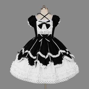 Black And White Short Sleeves Bow Gothic Lolita Dress