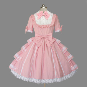 Pink Short Sleeves Turndown Collar Cotton Sweet Lolita Dress