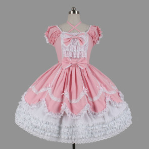 Pink And White Short Sleeves Cotton Classic Lolita Dress