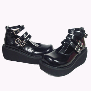 Black 2.5" Heel High Special Synthetic Leather Round Toe Ankle Straps Platform Lady Lolita Shoes