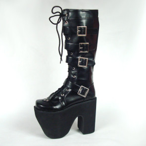 Black 6.0" Heel High Gorgeous Polyurethane Point Toe Stud Buckles Platform Girls Lolita Boots