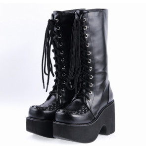 Black 3.1" High Heel Stylish Synthetic Leather Japanese Punk Lady Lolita Boots