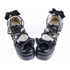 Black 3.1" High Heel Lovely Synthetic Leather Criss Cross Straps Bow Decoration Platform Girls Lolita Shoes