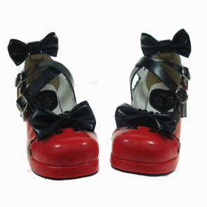 Red & Black 1.8" Heel High Cute PU Round Toe Bow Platform Lady Lolita Shoes