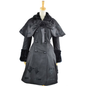 Long Sleeve Black Bow Pattern Flanel Gothic Lolita Coat