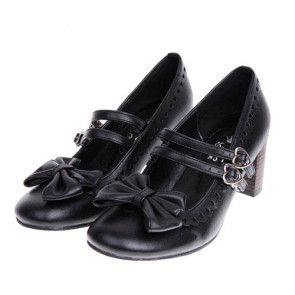 Black 2.5" Heel High Beautiful Synthetic Leather Point Toe Bow Platform Girls Lolita Shoes