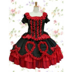 Short Sleeves Black & Dark Red Cotton Gothic Lolita Dress