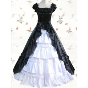Black & White Cuff Sleeves Ruffled Front Splitting Multi-layer Cotton Satin Classic Lolita Dress