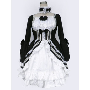 Black And White Long Sleeves Bow Cotton Gothic Lolita Dress
