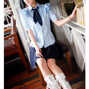 Blue Sweet Short Sleeves Girl Japanese School Uniform Cosplay Costume