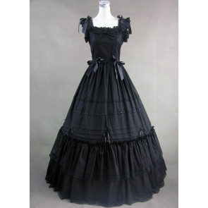 Classic Black Sleeveless Lolita Dress With Ruffled Ribbon Cotton