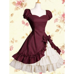 Classic Red Cotton Short Sleeves Ruffle Bow Lolita Dress