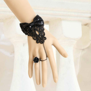 Handmade Rococo Black Bow Lolita Bracelet And Ring Set