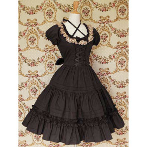 Black Puff Short Sleeves Bow Lace Classic Lolita Dress