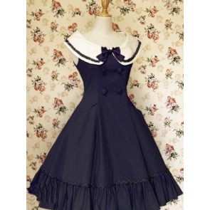 Dark Blue Sleeveless Ruffle Bow Double Breasted Classic Lolita Dress