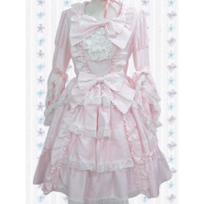Light Pink Long Sleeves Sweet Classic Bow Lace Ruffles Lolita Dress