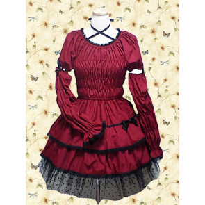 Dark Red Long Sleeves Bow Ruffles Classic Lolita Dress