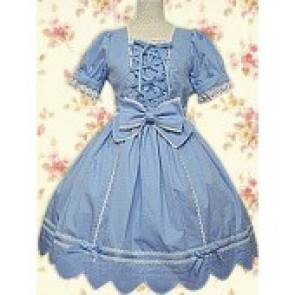 Blue Short Sleeves Lace Bow Front Ties Classic Lolita Dress