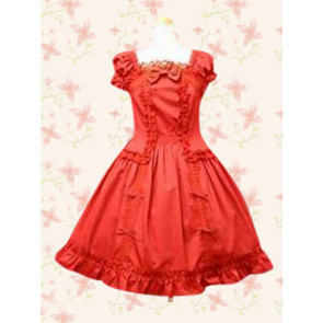 Red Puff Short Sleeves Ruffles Bow Sweet Classic Lolita Dress