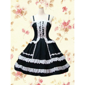 Black Sleeveless Spaghetti White Lace Gothic Lolita Dress