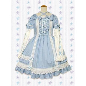 Blue Short Sleeves Cross-Strap Lace Sweet Lolita Dress