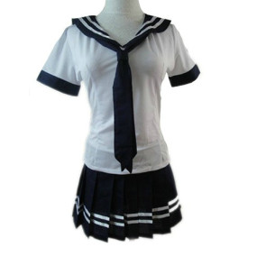 Navy Blue And White Short Sleeves Girl School Uniform Cosplay Costume
