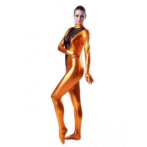 Orange And Black Full Body Shiny Metallic Unisex Zentai Suit