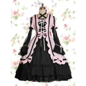 Long Sleeves Pink & Black Cotton Gothic Lolita Dress