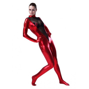 Unisex Black & Red Full Body Shiny Metallic Zentai Suit