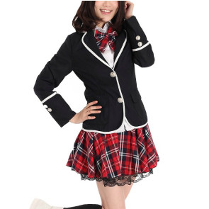 Red Check Long Sleeves Girl Japanese School Winter Uniform Cosplay Costume
