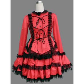Red Long Sleeves Lace Trim Cotton Girls Sweet Lolita Dress