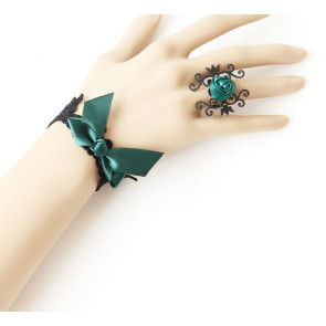 Retro Dark Green Bow Floral Lolita Bracelet And Ring Set
