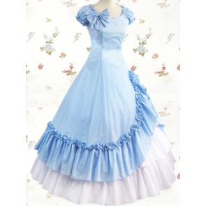 Short Sleeves Sky Blue & White Bow Ruffled Side Splitting Cotton Lolita Prom Dress