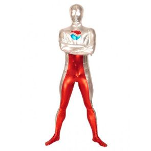 White And Red Full Body Shiny Metallic Unisex Zentai Suit