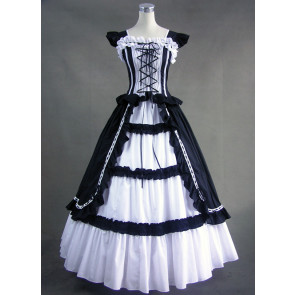 White & Black Cuff Sleeves Bandage Ruffled Cotton Gothic Lolita Dress